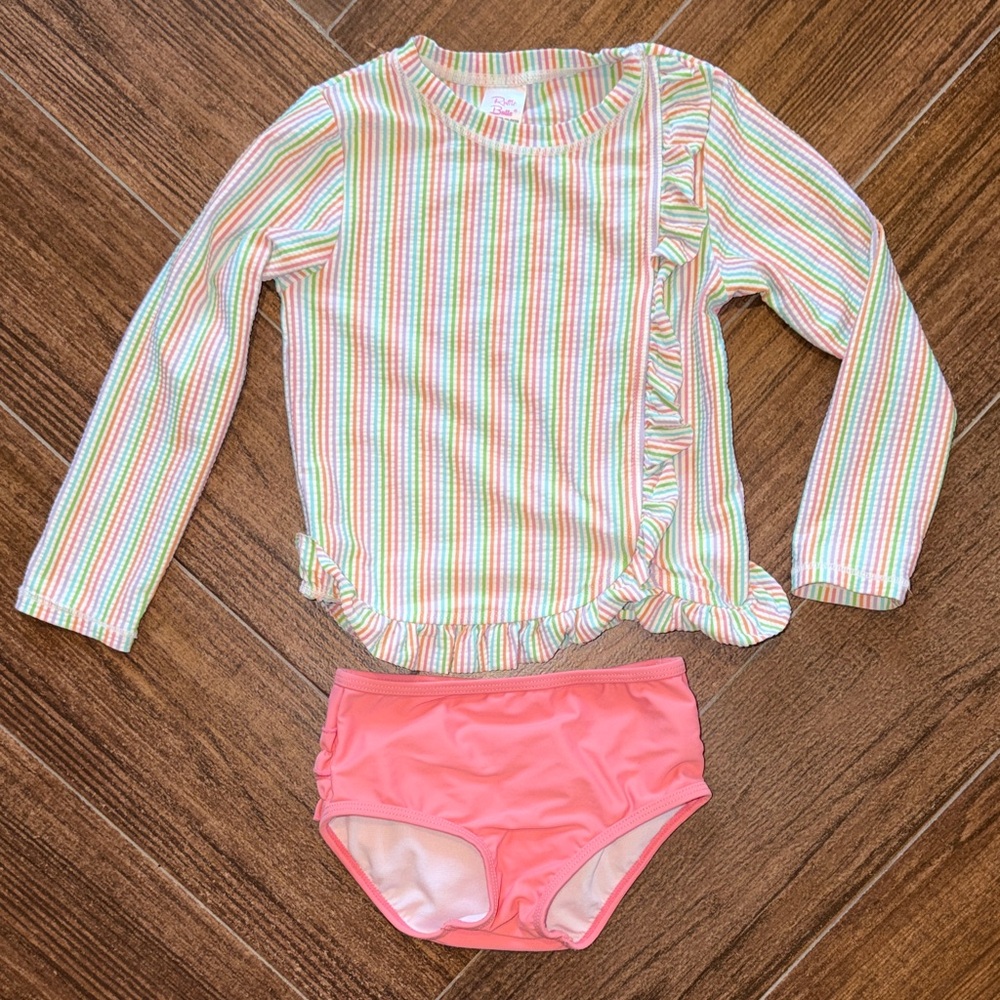 Ruffle Butts Pastel Rainbow Stripe Rashguard with Coral Swim Bottoms